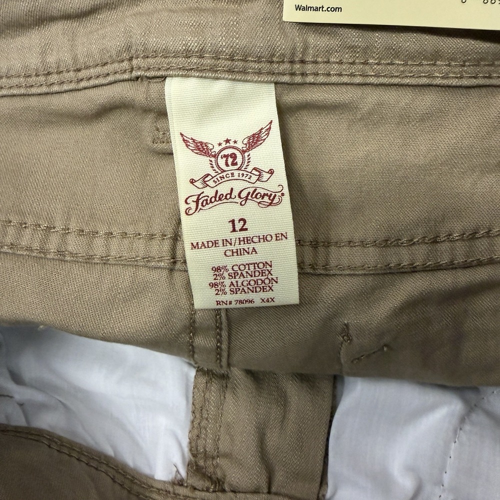 Faded Glory Khaki Shorts Size 12 10" Length Cotton Stretch Cuffed Beige Pockets - Picture 8 of 9
